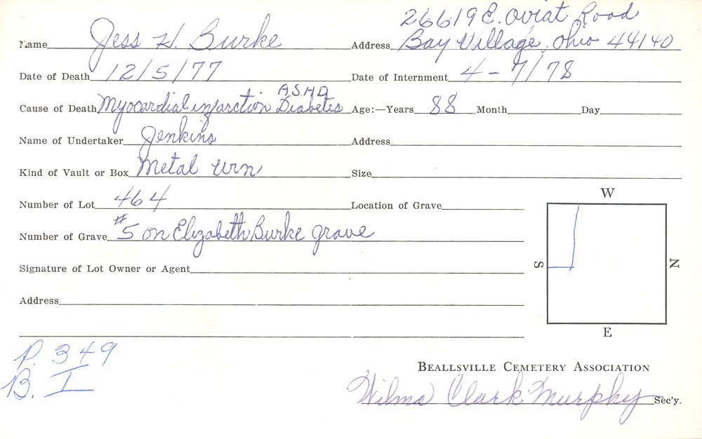 Jess Hook Burke burial card